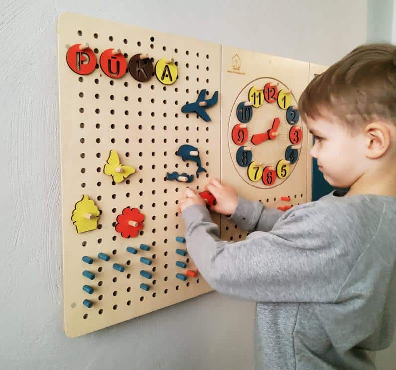 pegboard sensory wall for kids and toddlers